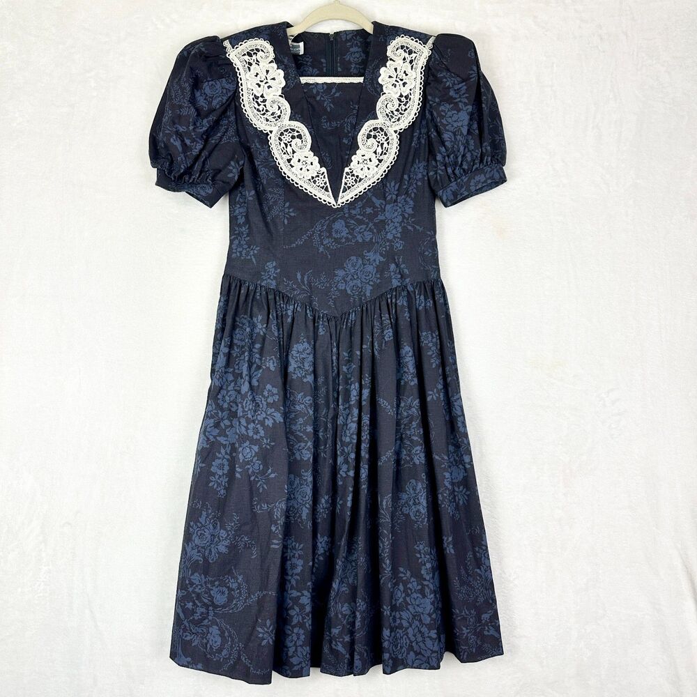 Gunne Sax Jessica McClintock Vintage Floral Midi Dress Size 6 US XS 80s Prairie